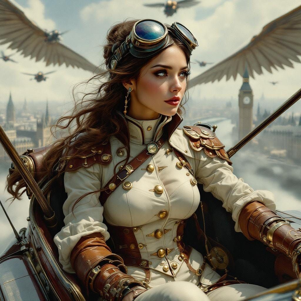 Steampunk Aviatrix Soaring Over Victorian London