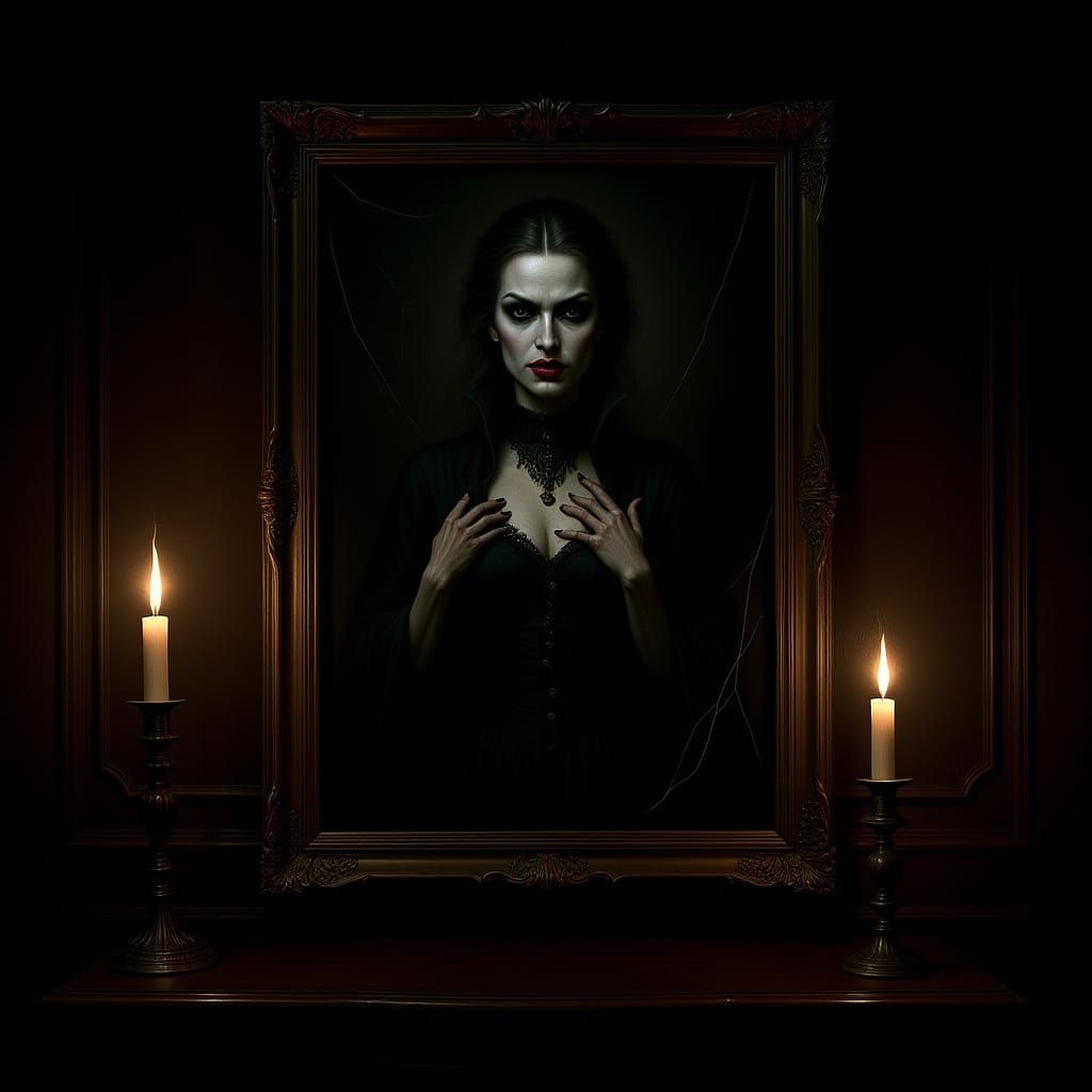 Gothic Vampire Painting in Ornate Frame with Candlelight