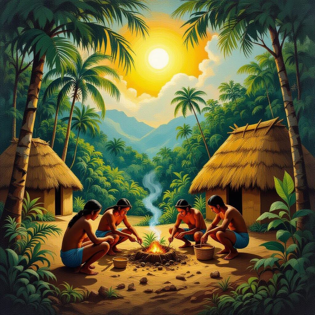 Taino Tribe Building Homes in Lush Tropical Jungle