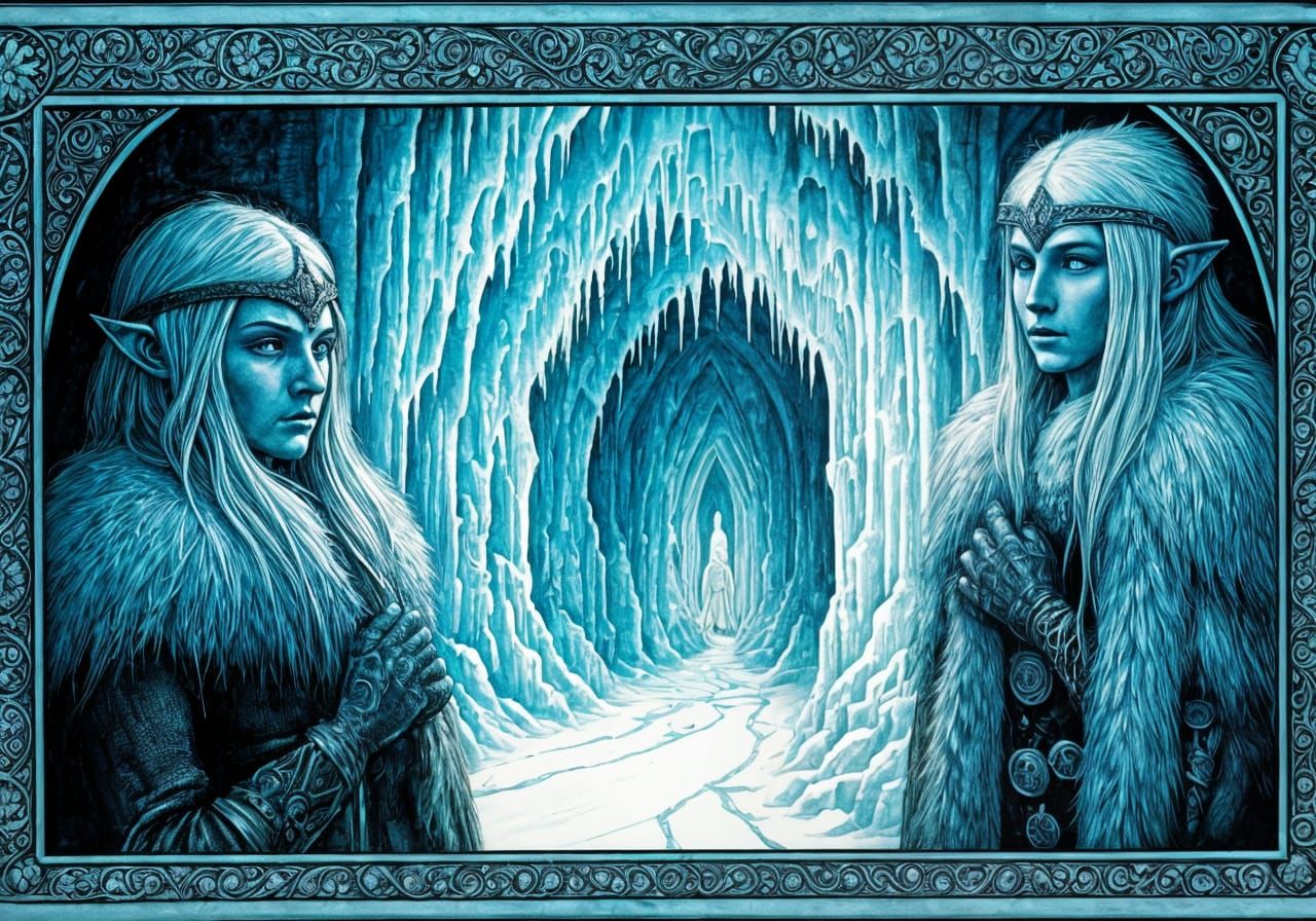 Frost Folk Elves in Ice Castle: Arthur Rackham-Style Illustr...