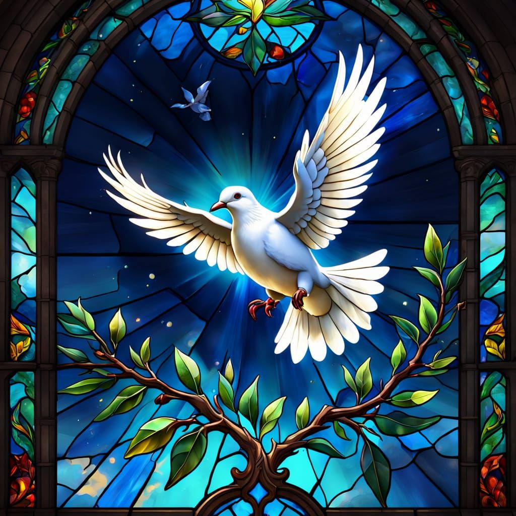 Dove Soars Through a Vibrant Stain Glass Window