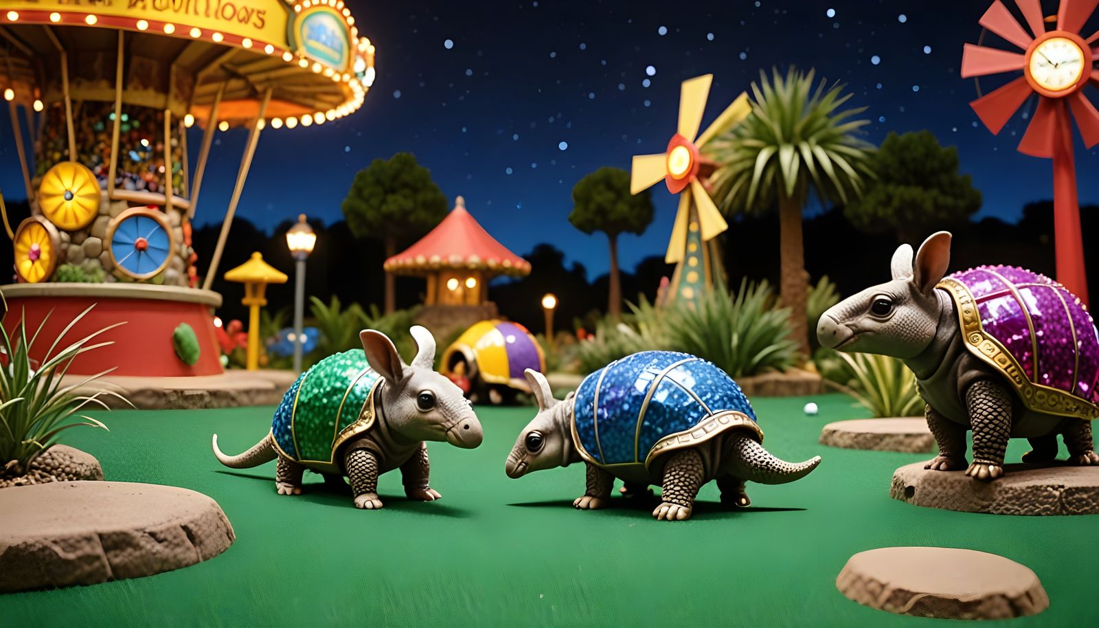 Whimsical Armadillos at Play in Teletubby Mini Golf