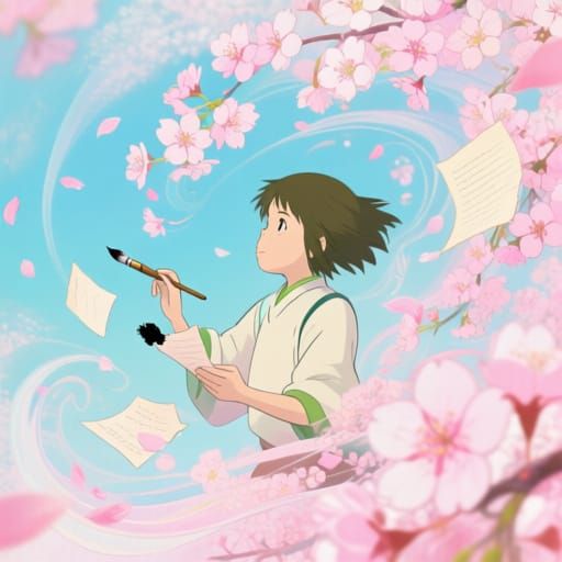 Poet Soars Amidst Sakura Blossoms in Whimsical Style