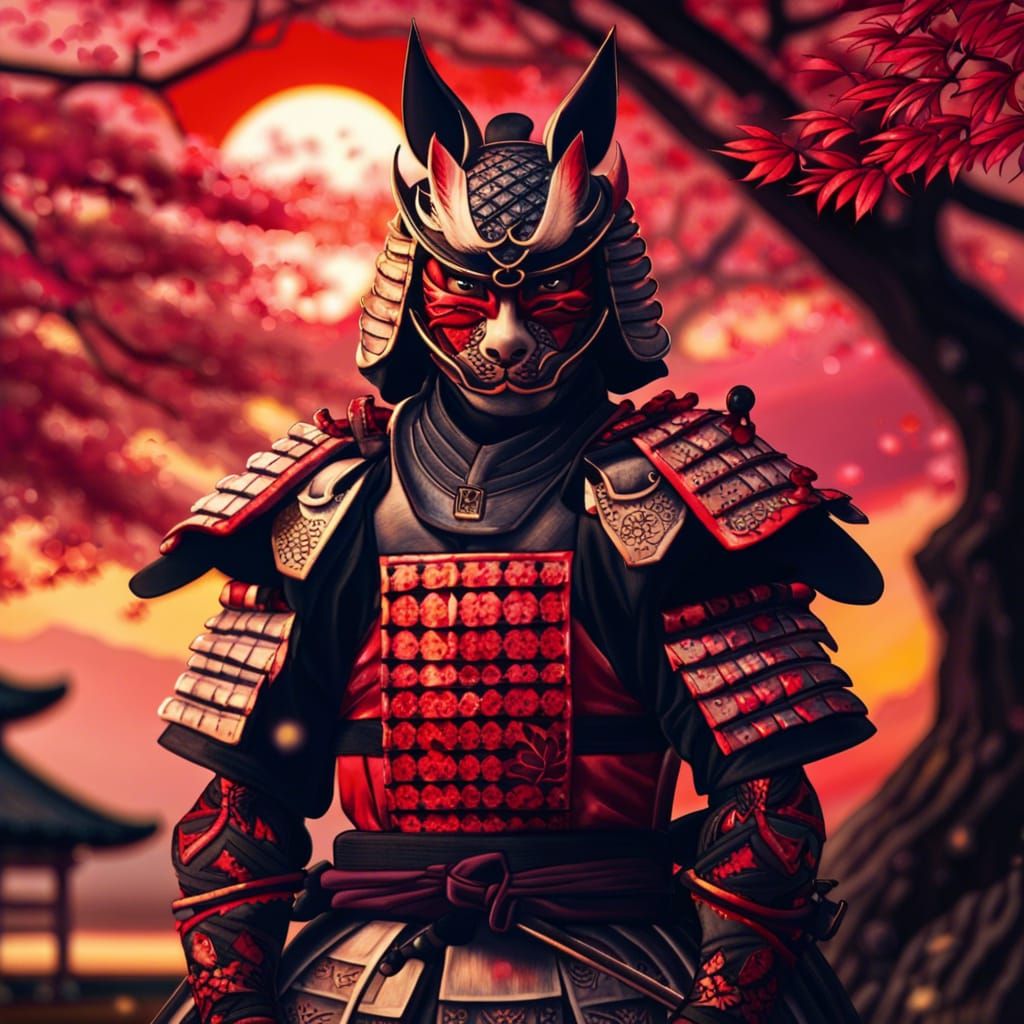 Samurai Warrior with Kitsune Mask at Sunset