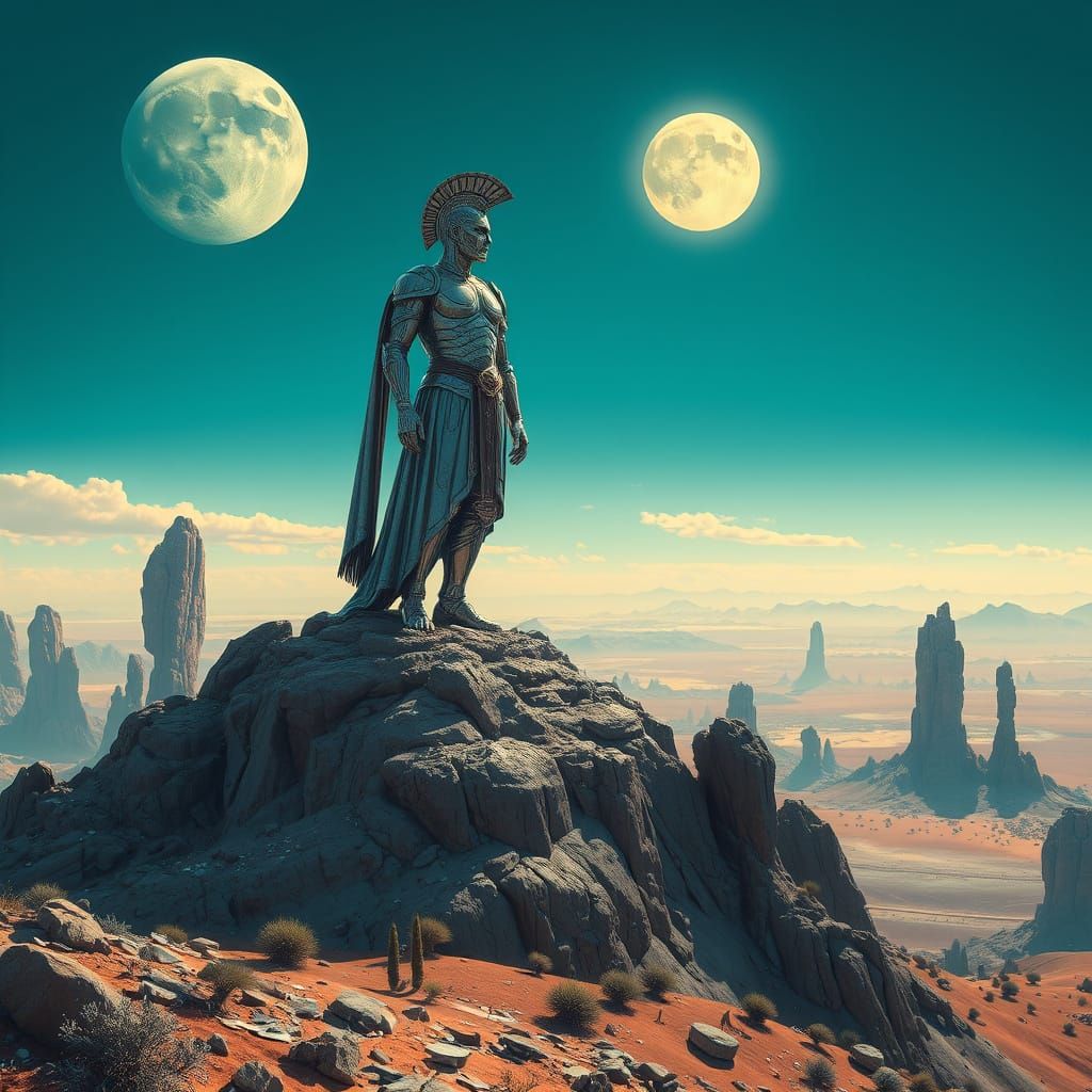 Surreal Chrome Warrior Dominates Alien Landscape in Hyperrea...