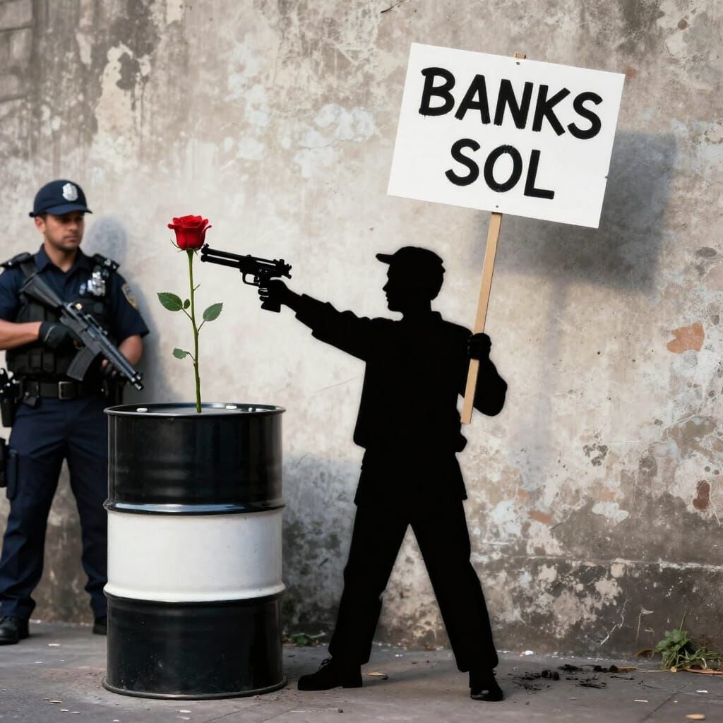 Banksy-Style Stencil Art of Protest with Red Rose