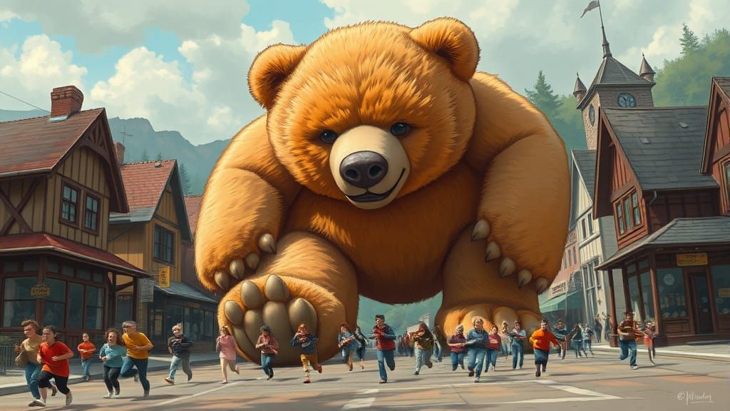 Gigantic Teddy Bear Stomps Through Idyllic Town