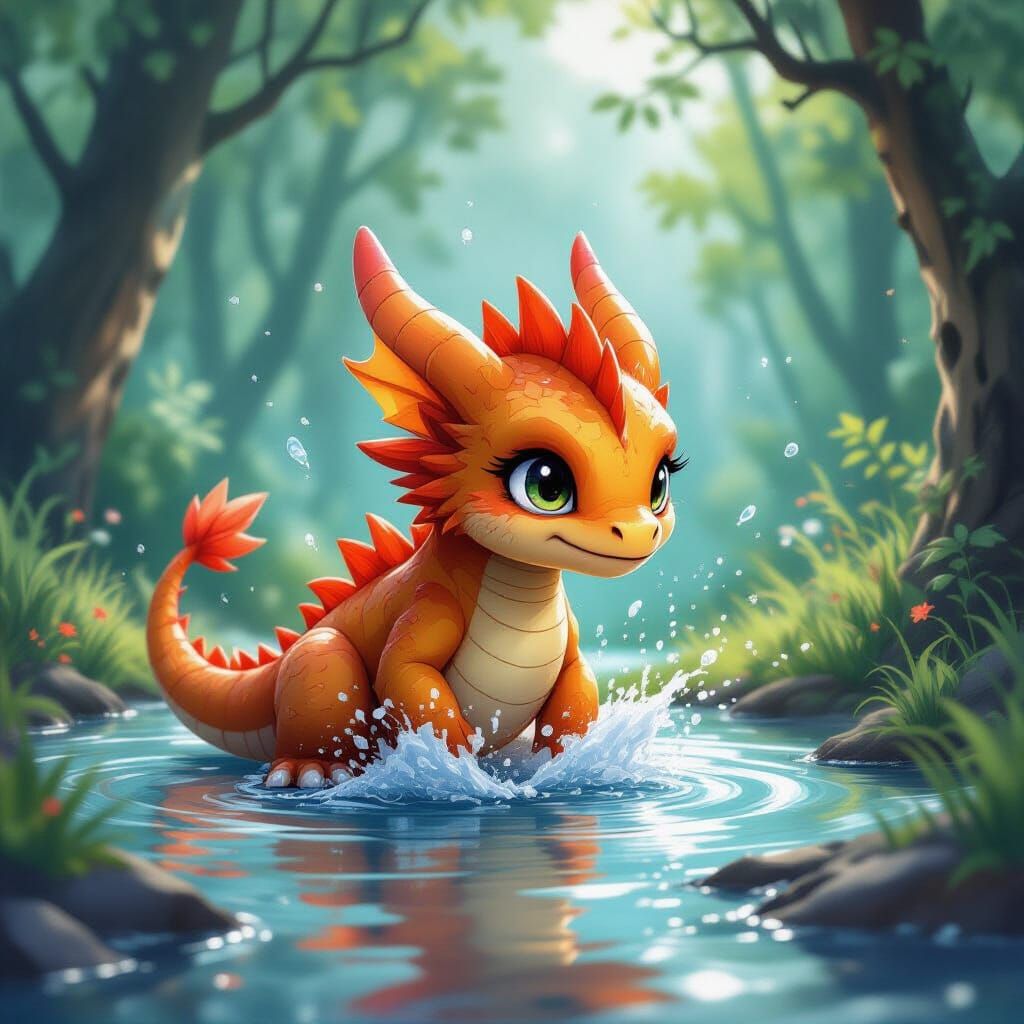 Baby Dragon Splashing in Enchanted Forest, Watercolor Style