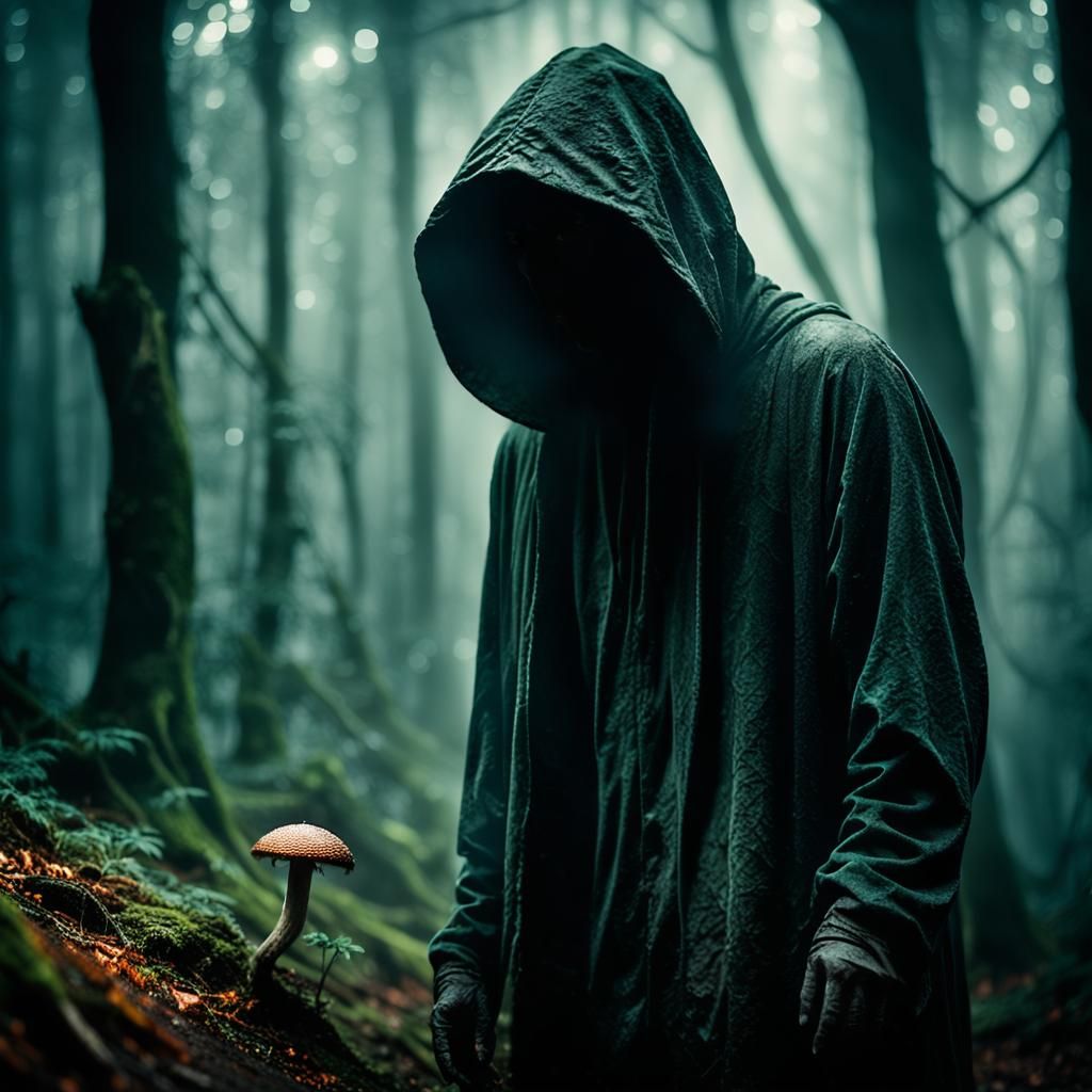 Eerie Hooded Figure in Misty Forest: Dark Surrealism