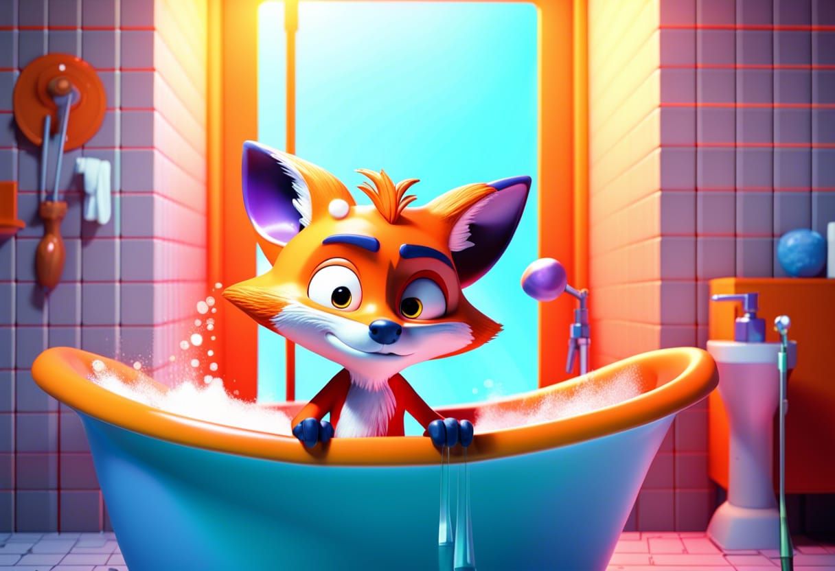 Fox Boy's Bathtub Struggle: 3D Digital Art