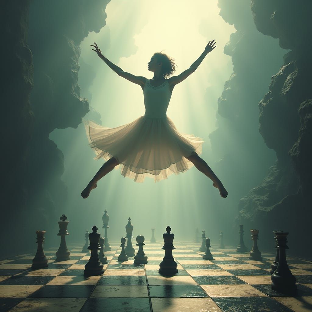 Surreal Dancer Levitates Over Chessboard for Strategic Game ...
