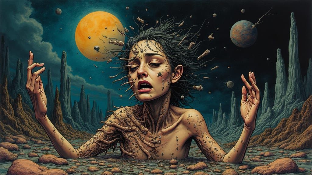 Distressed Figure in Fractured Surreal Landscape