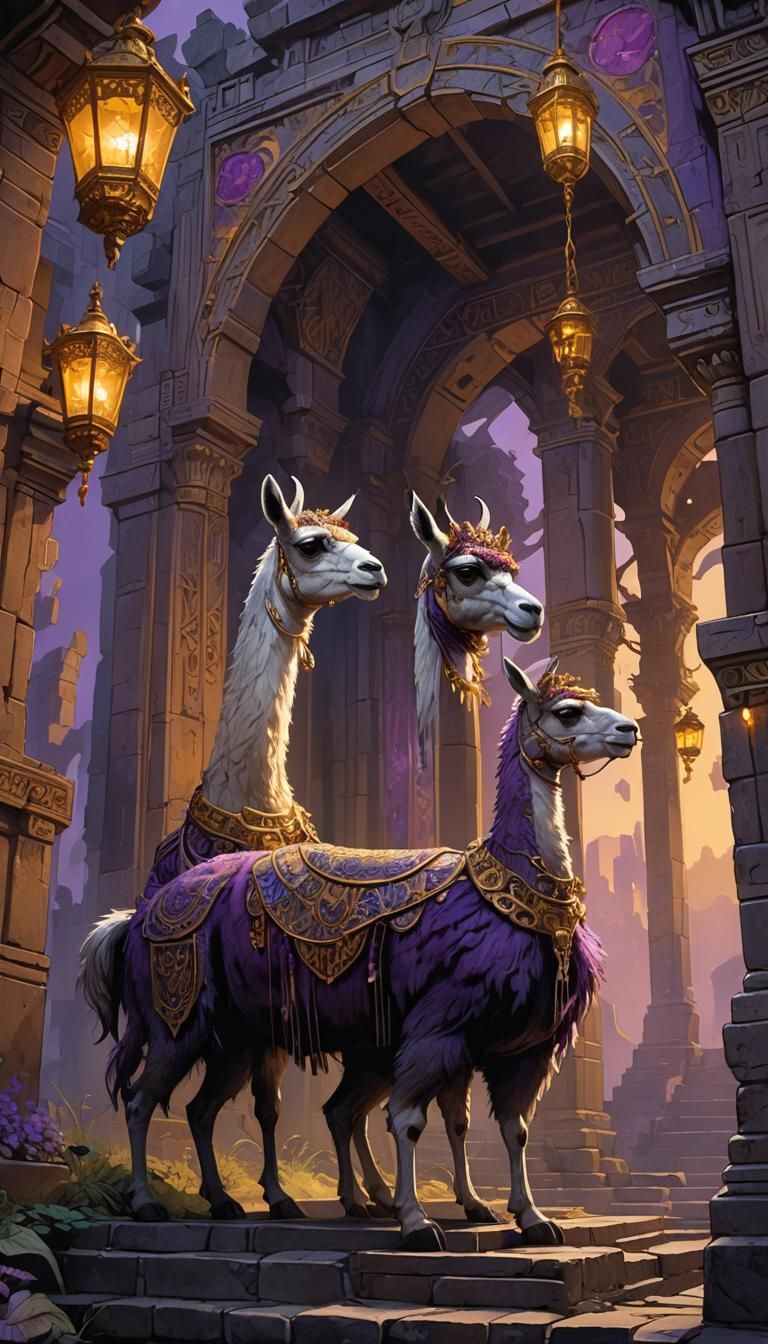 Mystical Llamas in Dark Fantasy Art Nouveau Style