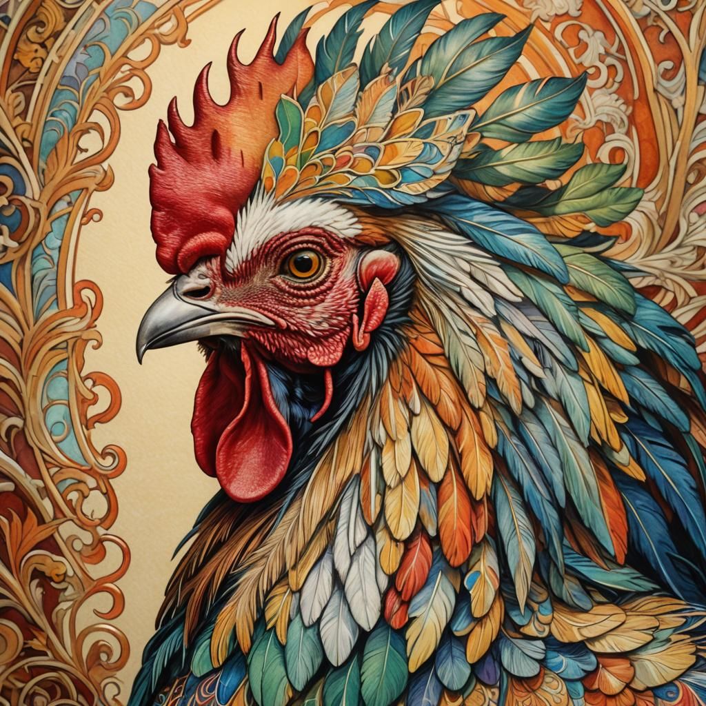 Exotic Rooster Portrait in Art Nouveau Style