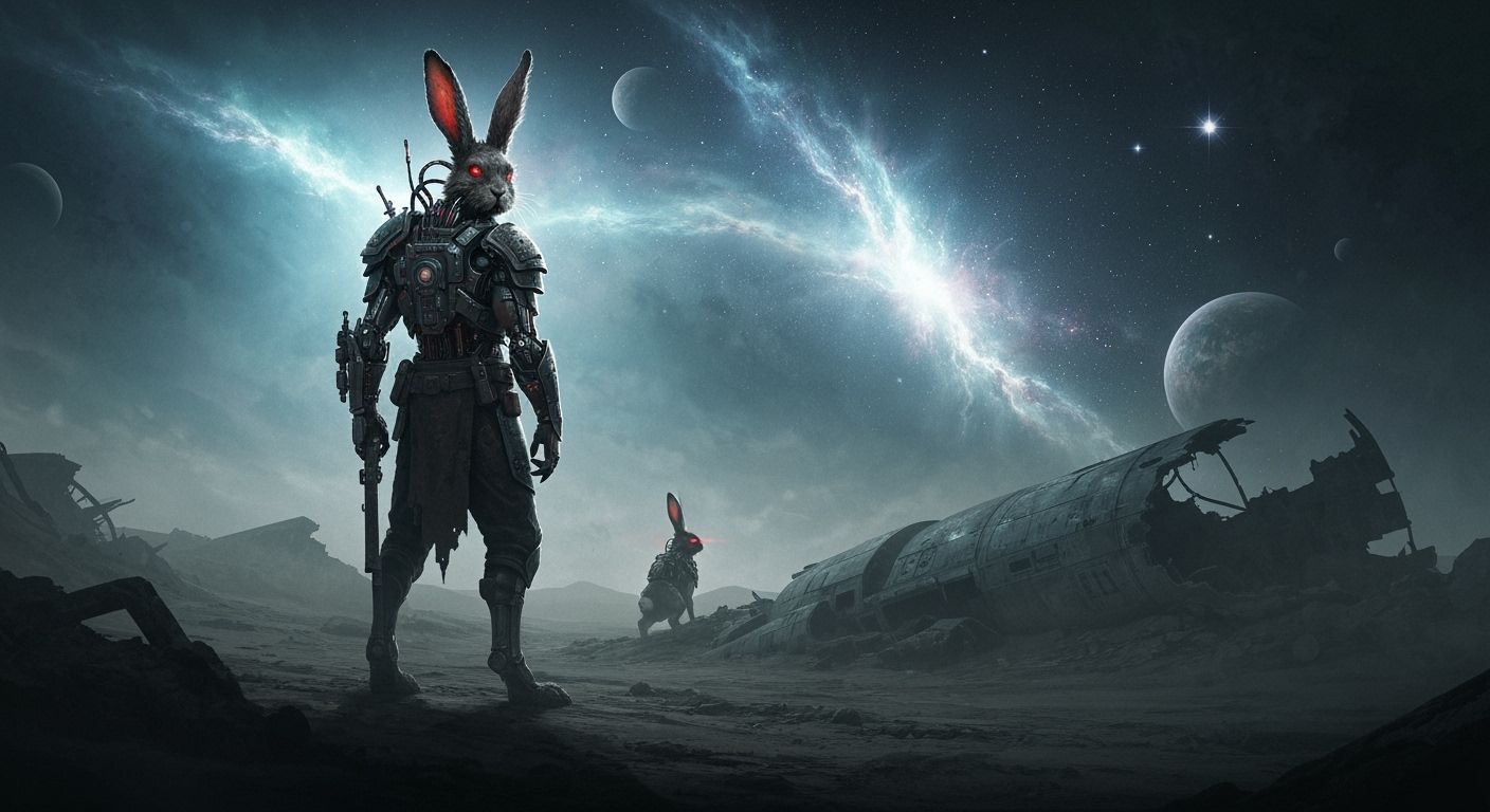 Grizzled Cybernetic Rabbit Warrior in Alien Wasteland