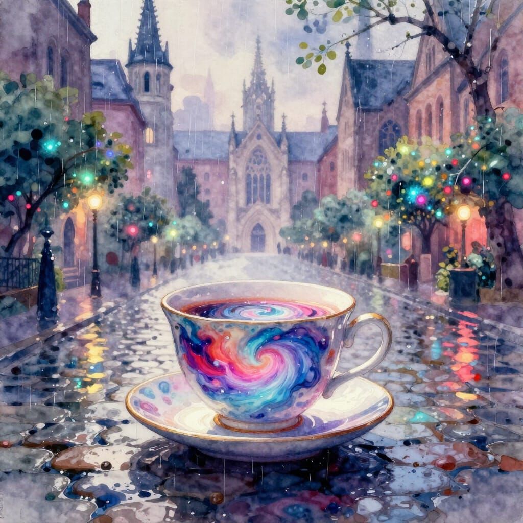 Nebula Teacup on Rainy Cobblestone Street