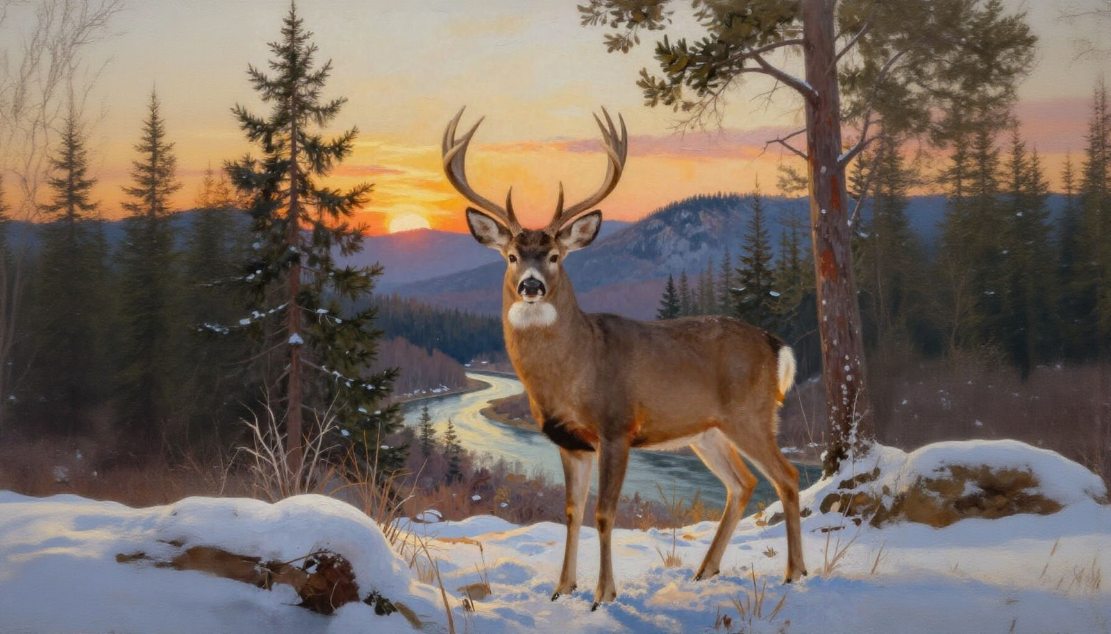 Majestic Buck at Golden Hour in Snowy Appalachian Landscape