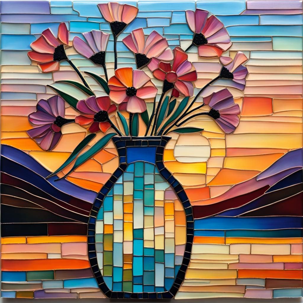 Pastel Wildflowes in a small tile mosaic glass vase  with an...