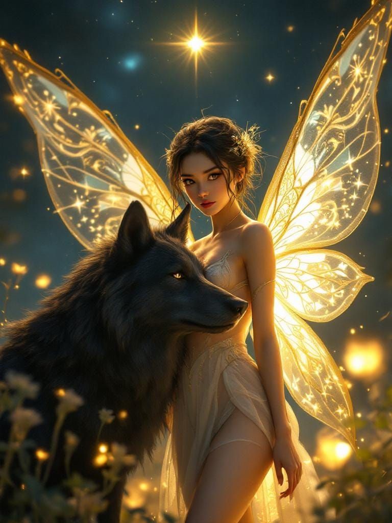Luminous Fairy and Black Wolf in Starry Night
