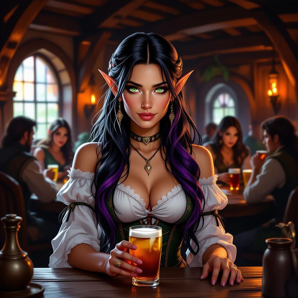 Elf Bar Maiden Serving Drinks in Lively Inn