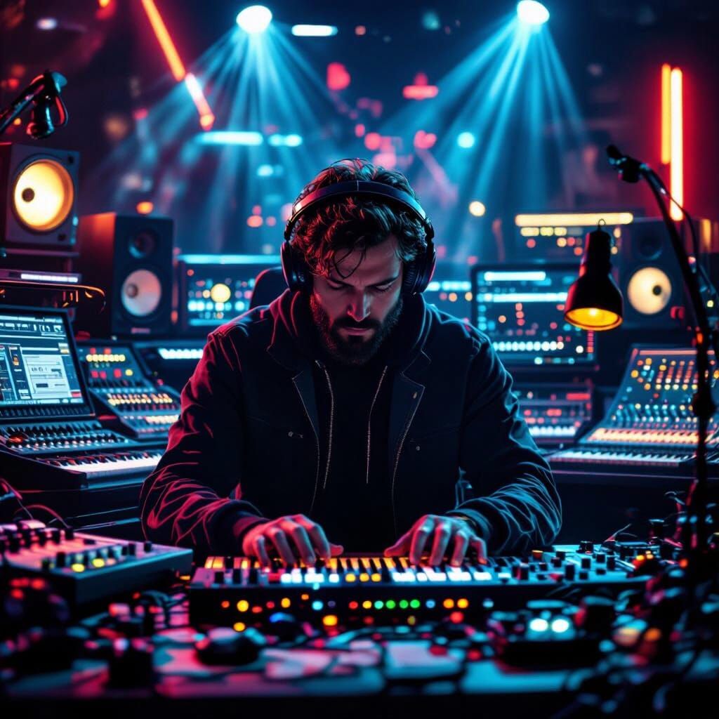 Music Producer in Neon-Lit Studio with AI and Synths