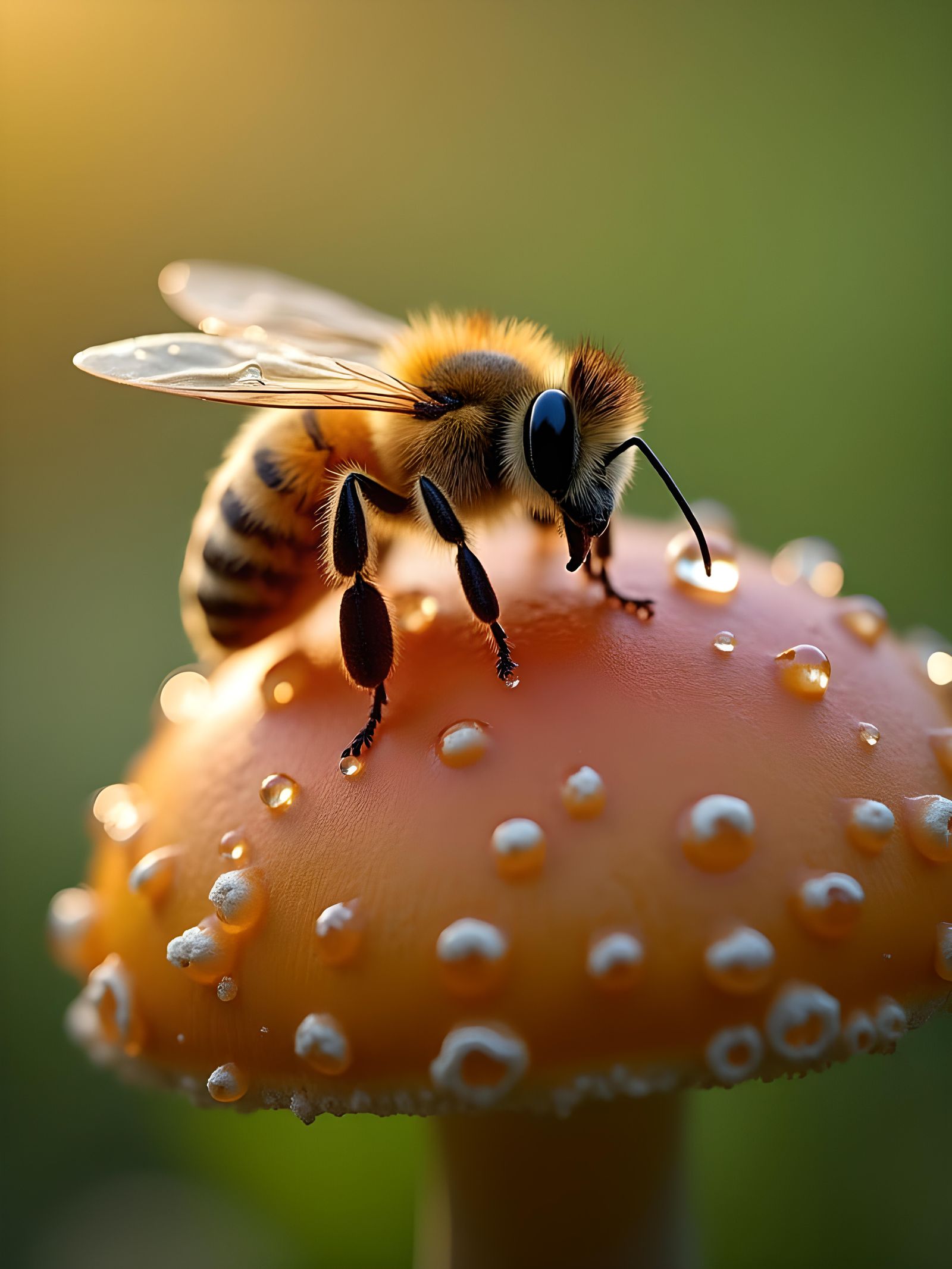 Honeybee on Mushroom: Macro Dew Drop Photography