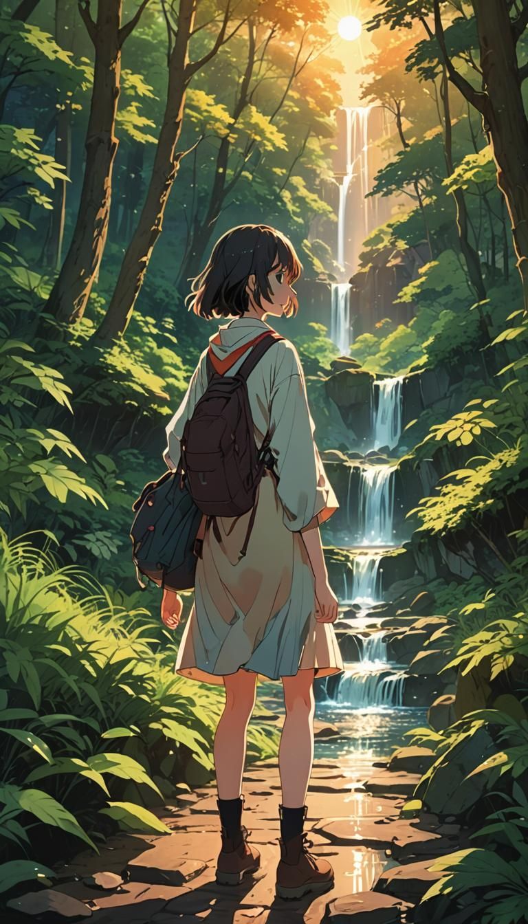 Anime Woman Forest Walk at Sunset in Studio Trigger Style