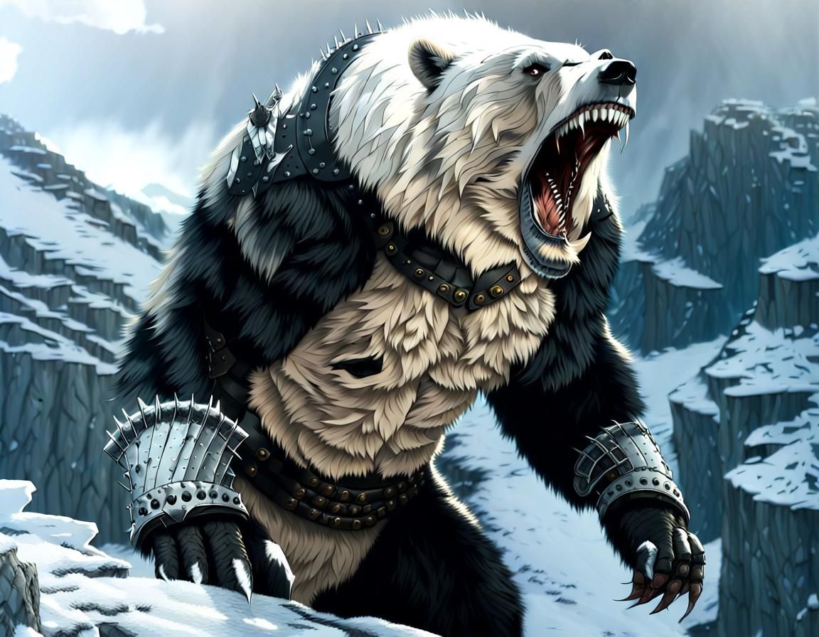 Armored White War Bear on Icy Cliff