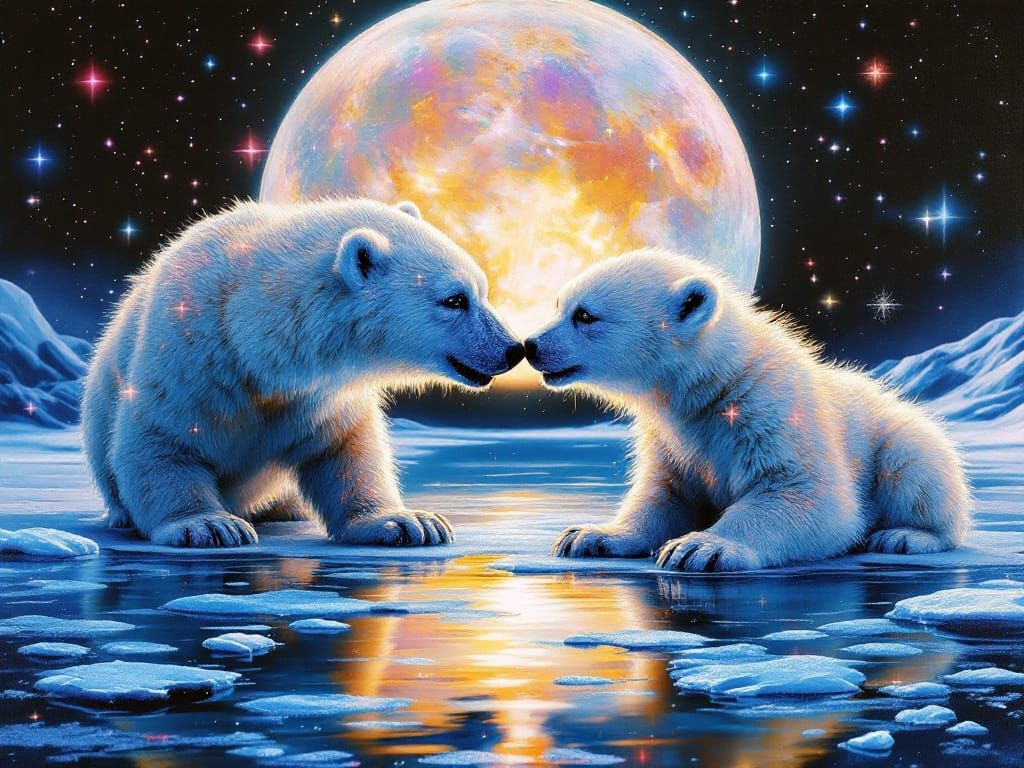 Glittering Polar Bear Cubs Under the Full Moon