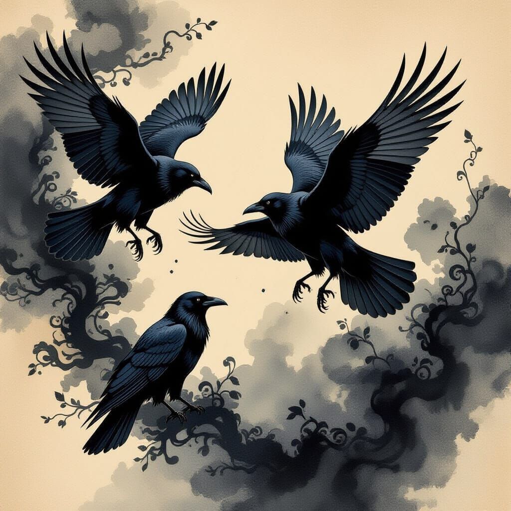 Ink Ravens Transformation on Watercolor Paper