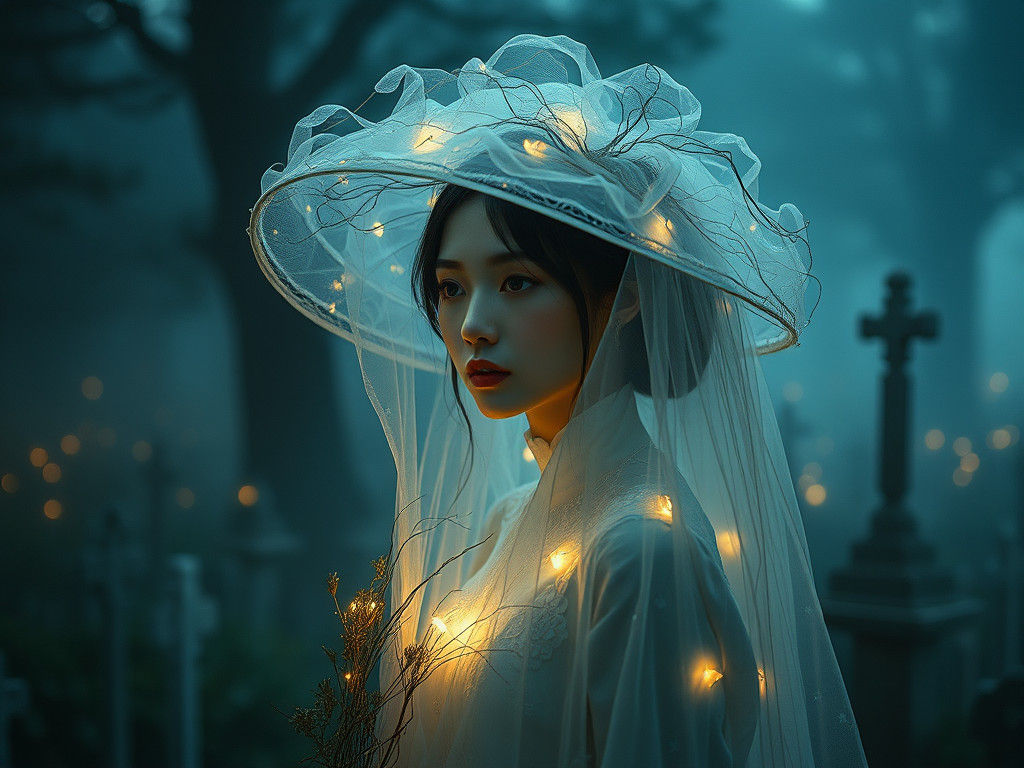 Gothic Bride at Funeral with Fireflies, Ink Illustration