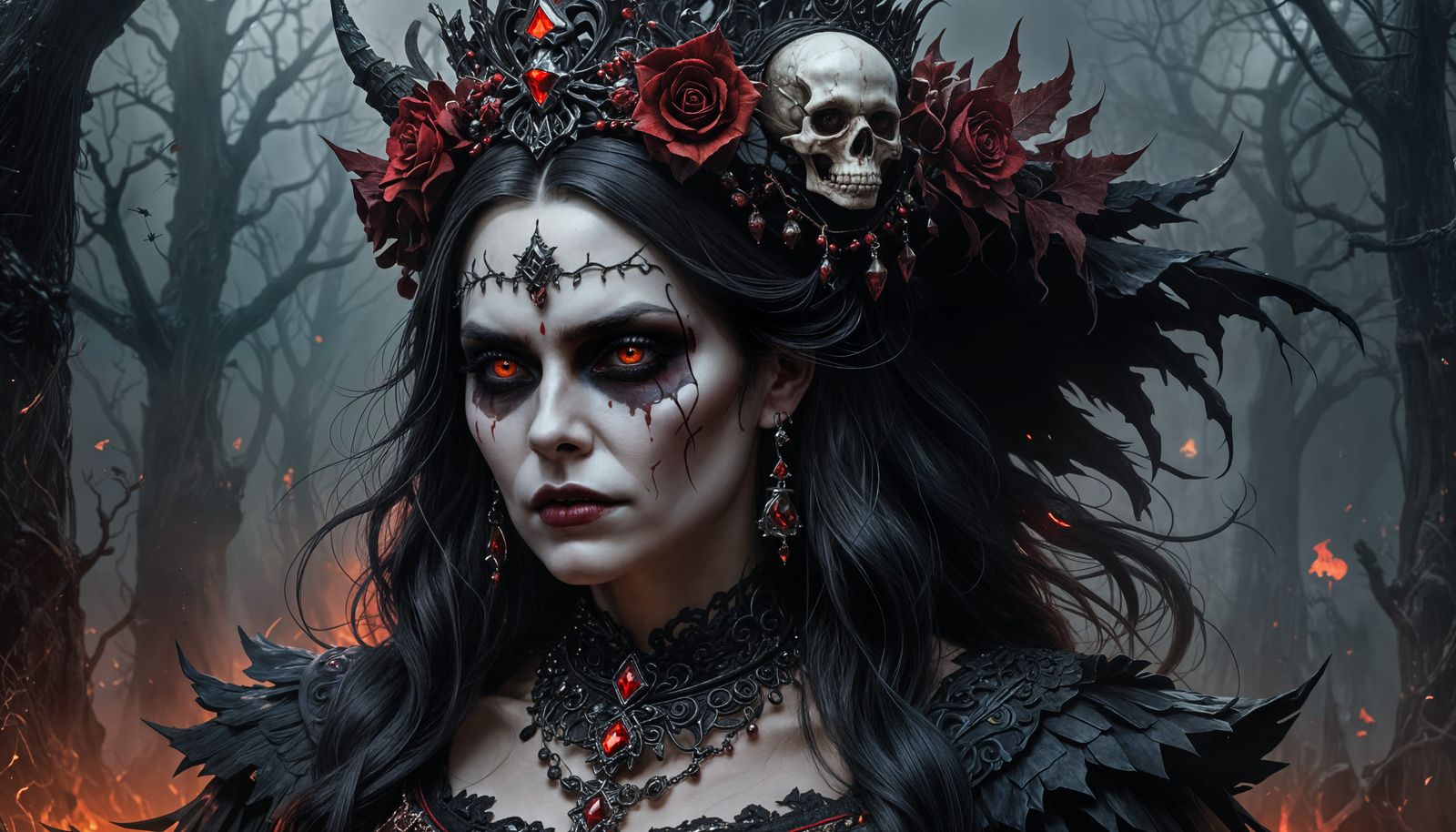 Voluptuous Witch with Skull Crown in Hyperrealistic Style
