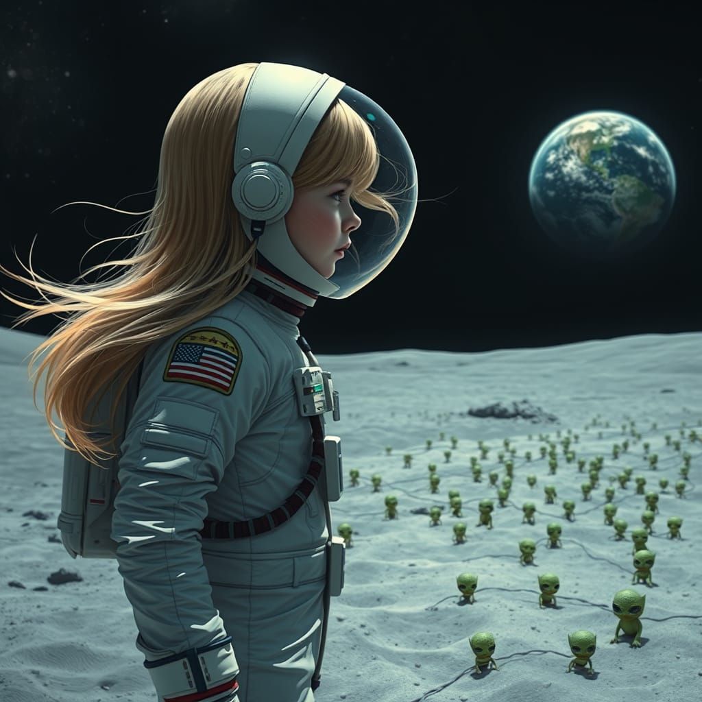 Hyperrealistic Astronaut Girl in Moonlit Landscape