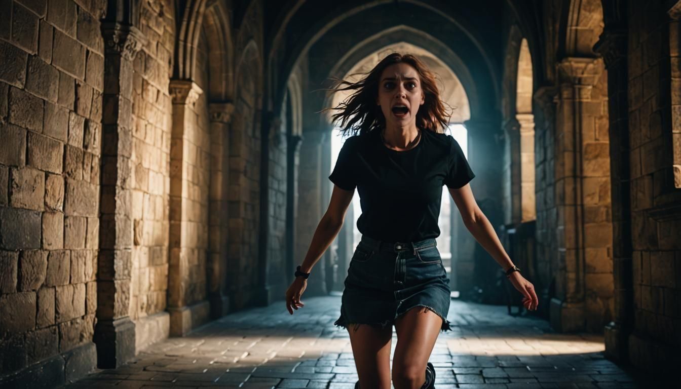 Terrified Girl Runs from Ghost in Gothic Castle