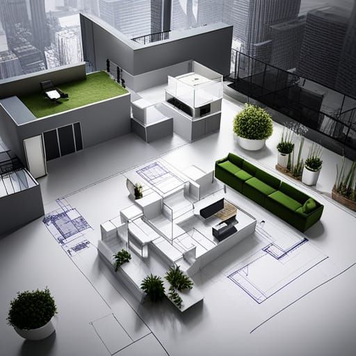 Villa Blueprint with Hologram Architectural Rendering