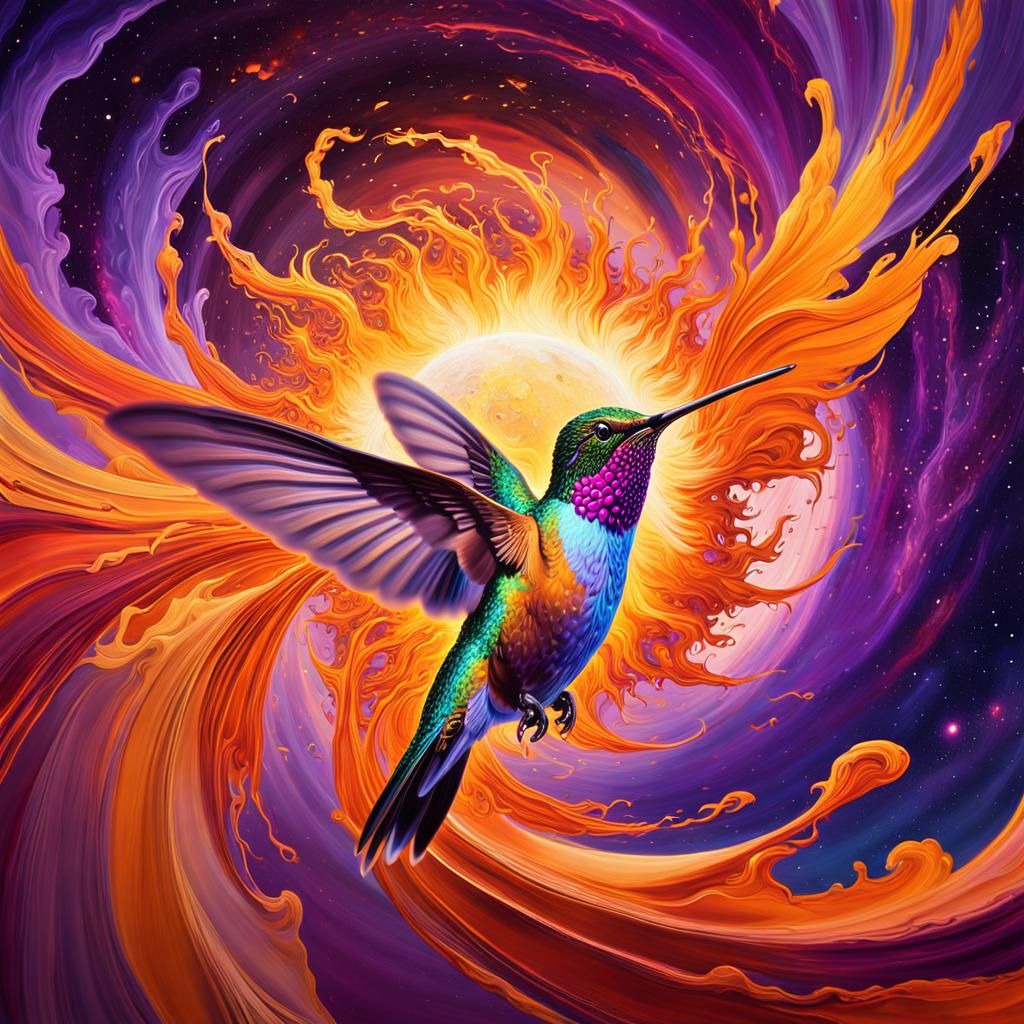 A hummingbird flying into a supernova for a progressive rock album cover