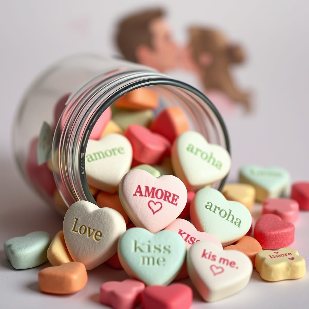 Vintage Conversation Hearts Spill Out of a Lolly Jar in a Ro...