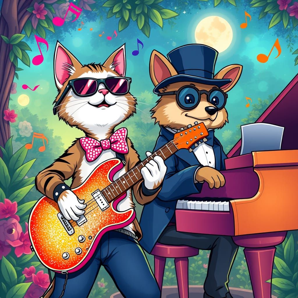 Anime-Style Feline Rockstar with Canine Concert Companion