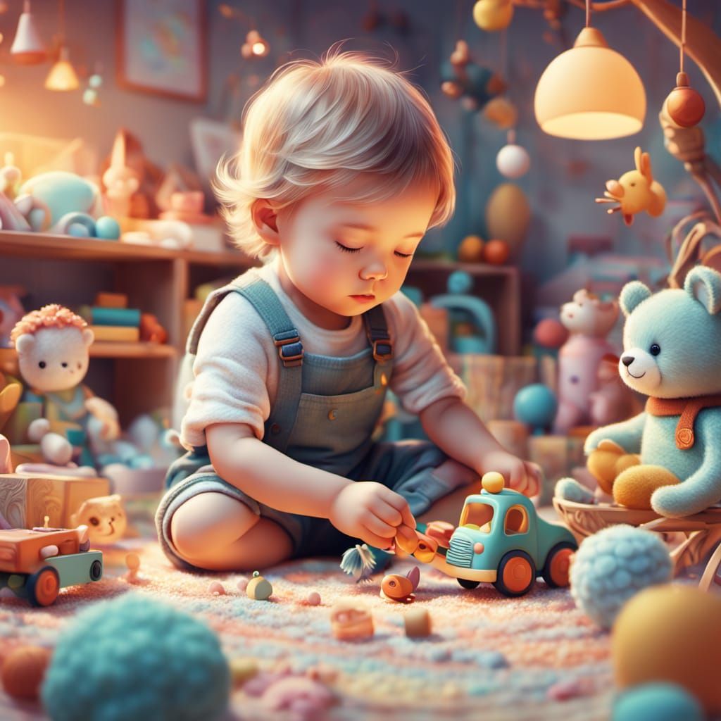 Whimsical Illustration of Child Playing With Toys