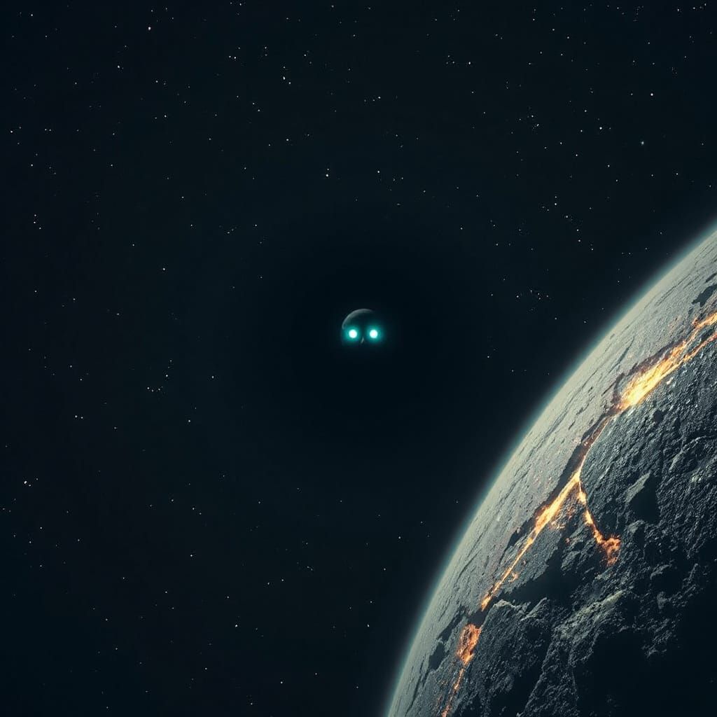 Liminal Asteroid Space with Cyan-Eyed Figure