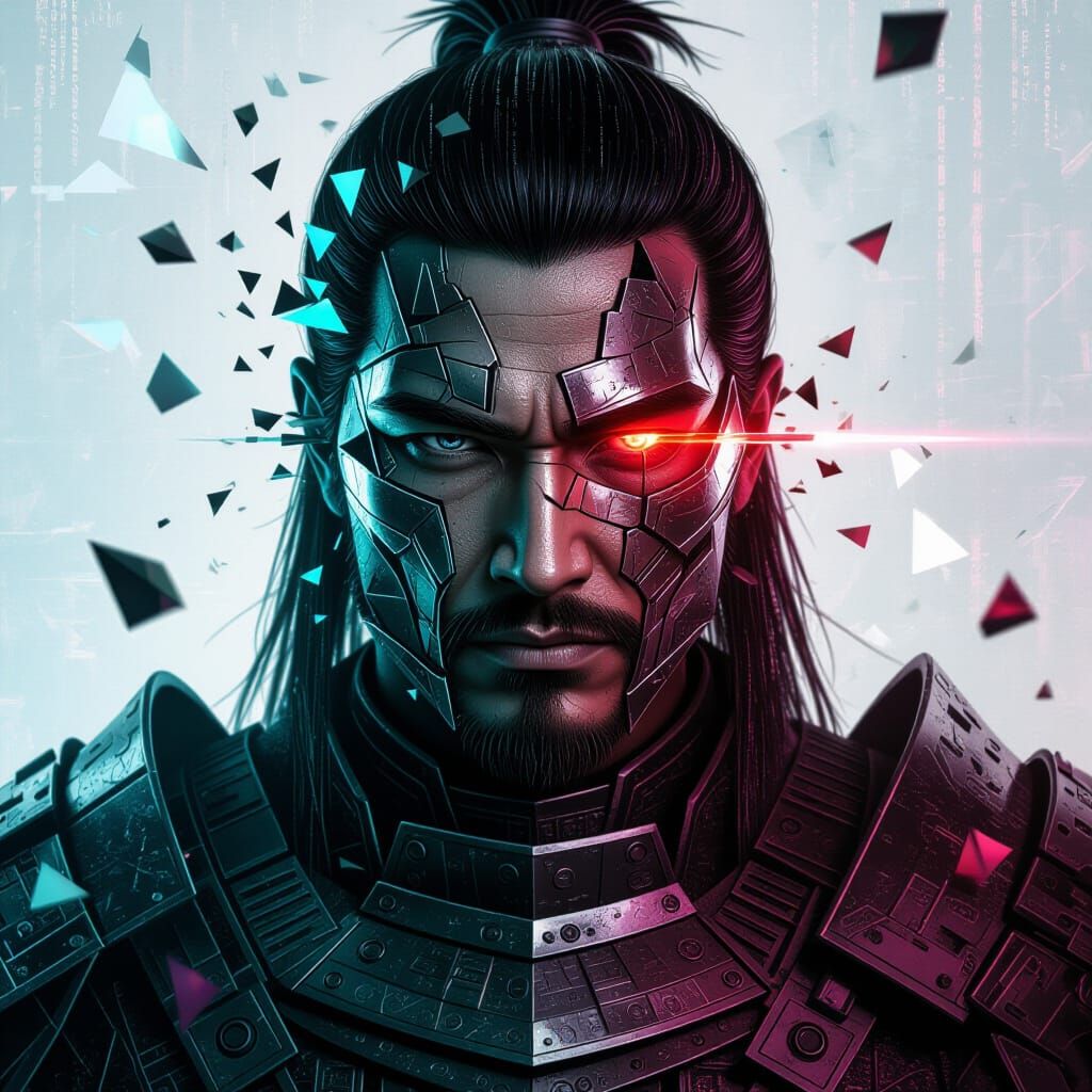 Cyber Warrior Armor Fragments into Polygons with Glitching B...