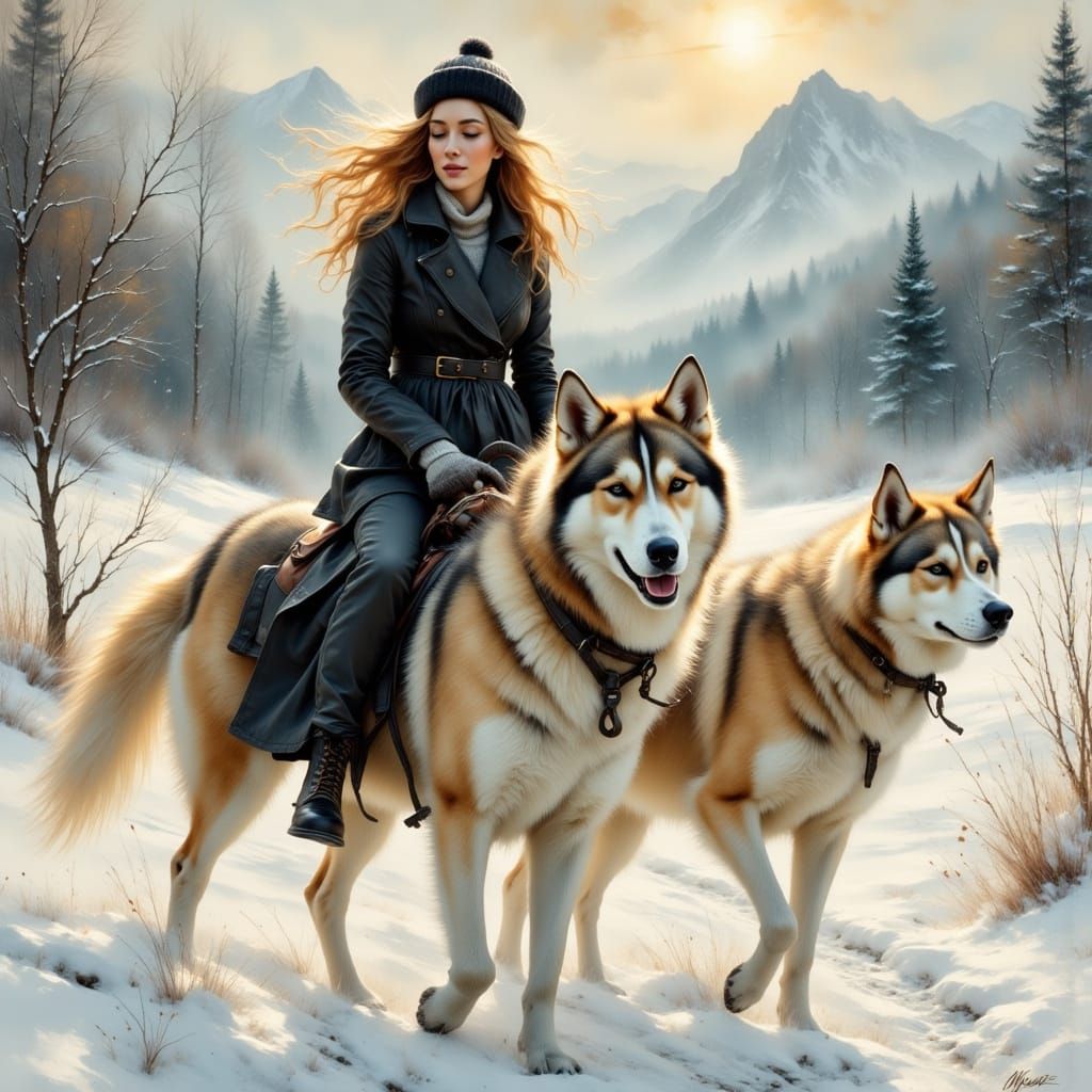 Woman on Sled Pulled by Husky as Impasto Painting
