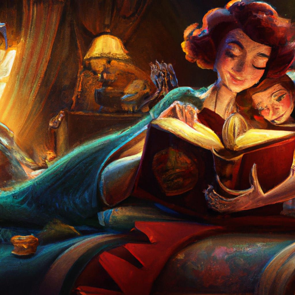 Mother and Son Reading, Digital Art Illustration