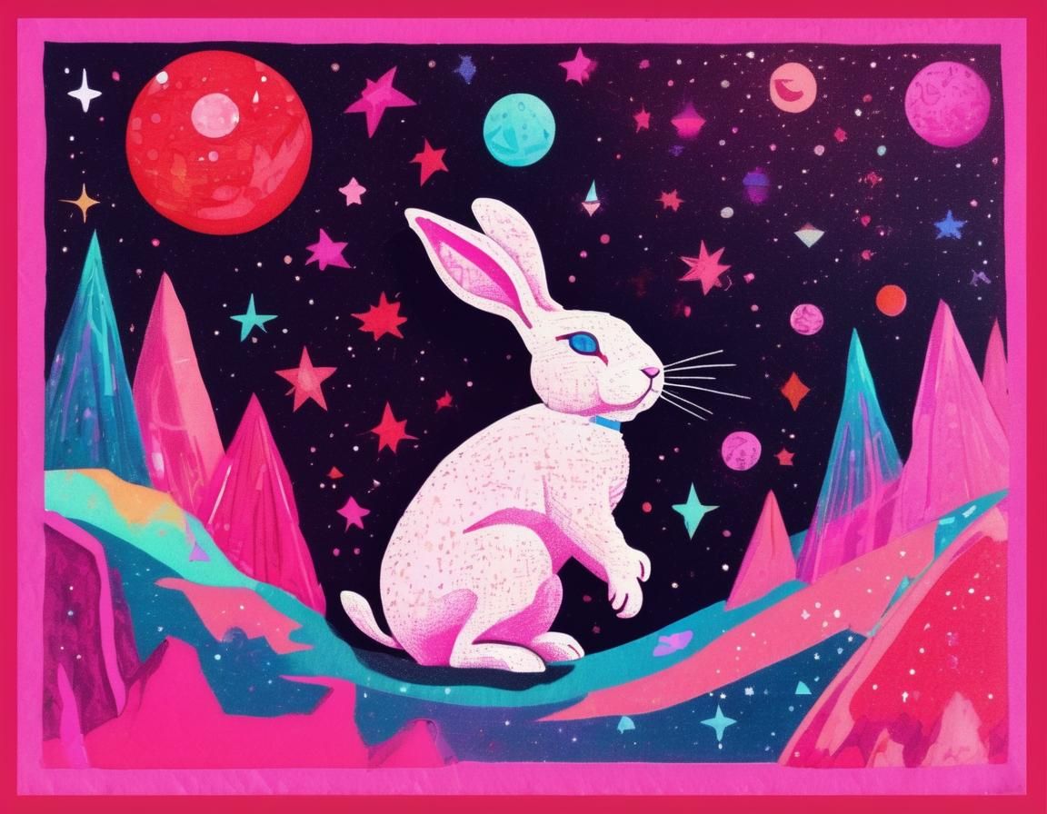 Astronaut Rabbit on Moon in Risograph Style
