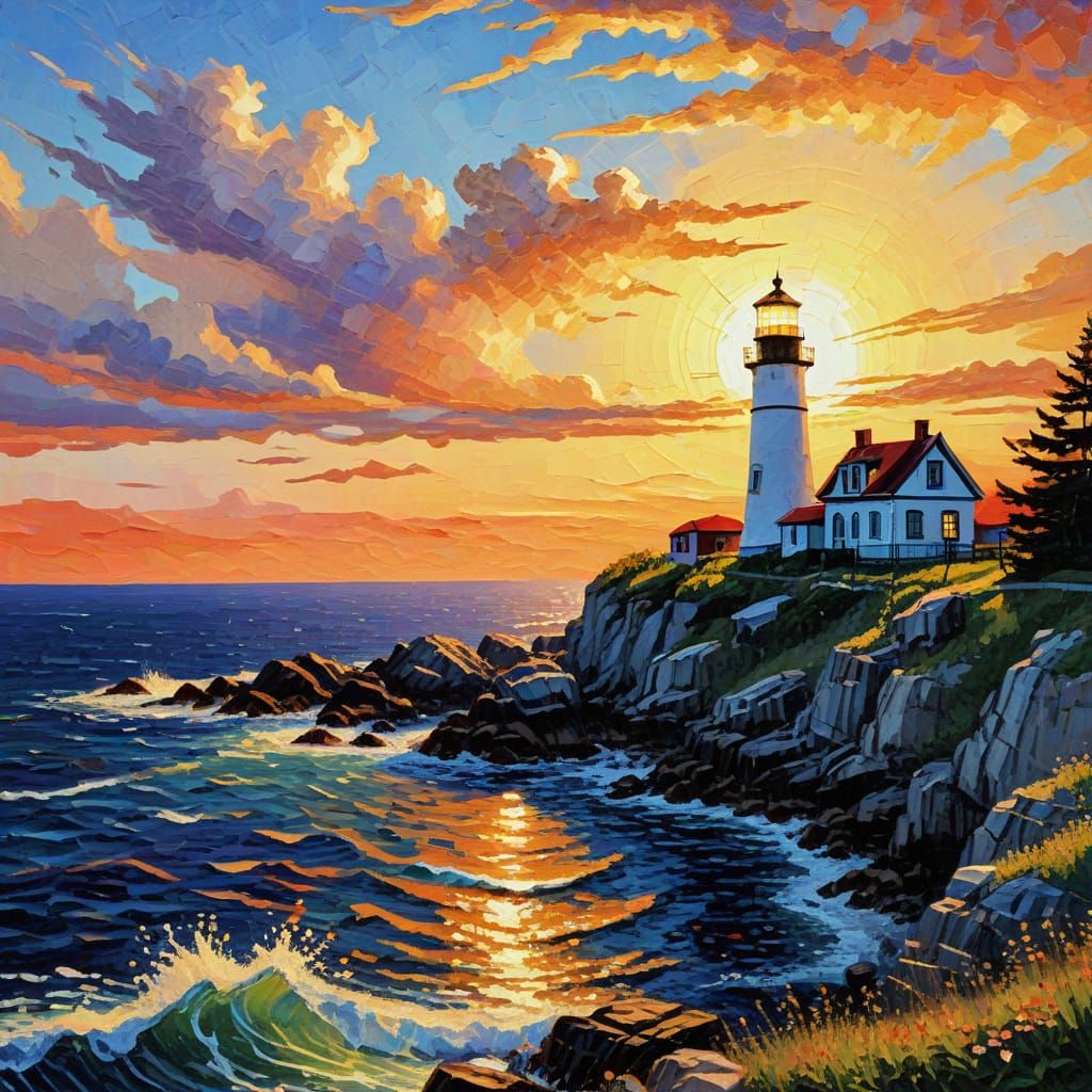 Cape Elizabeth Lighthouse Sunset in Neo-Impressionist Oil