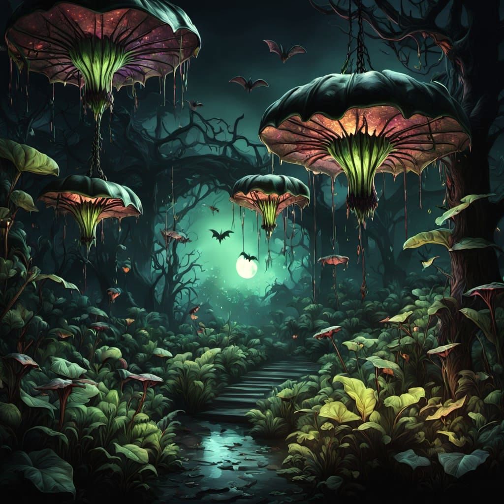 Eerie Night Garden with Carnivorous Plants: Hyperrealistic S...