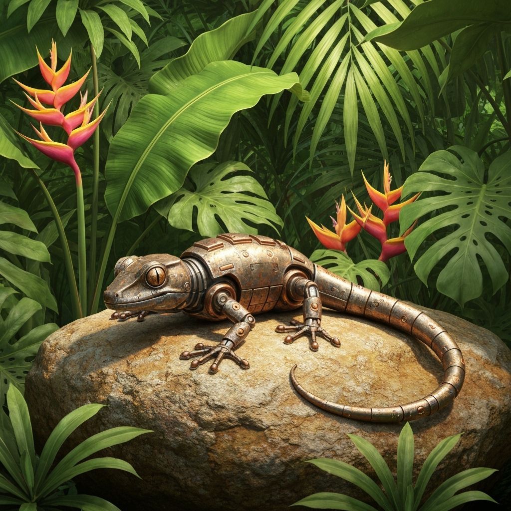 Robot Gecko Lounging in Tropical Foliage