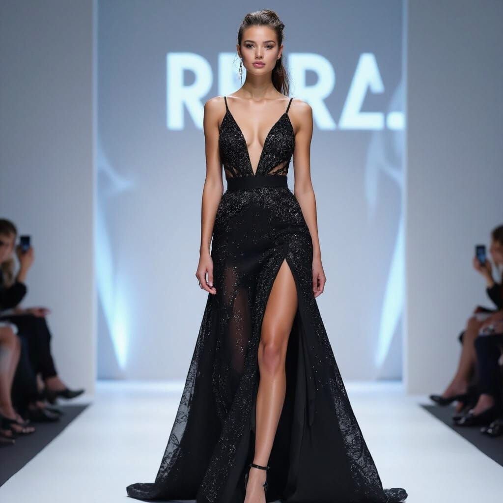 Model Presents Evening Dress on Catwalk