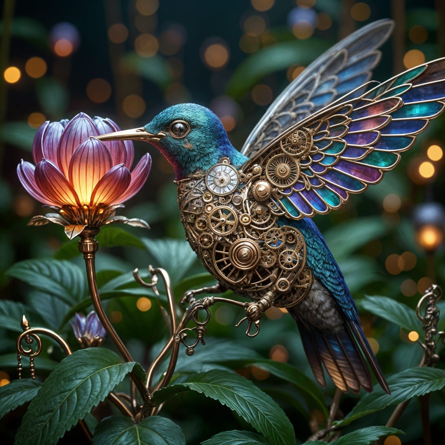 Steampunk Mechanical Hummingbird Sipping Nectar