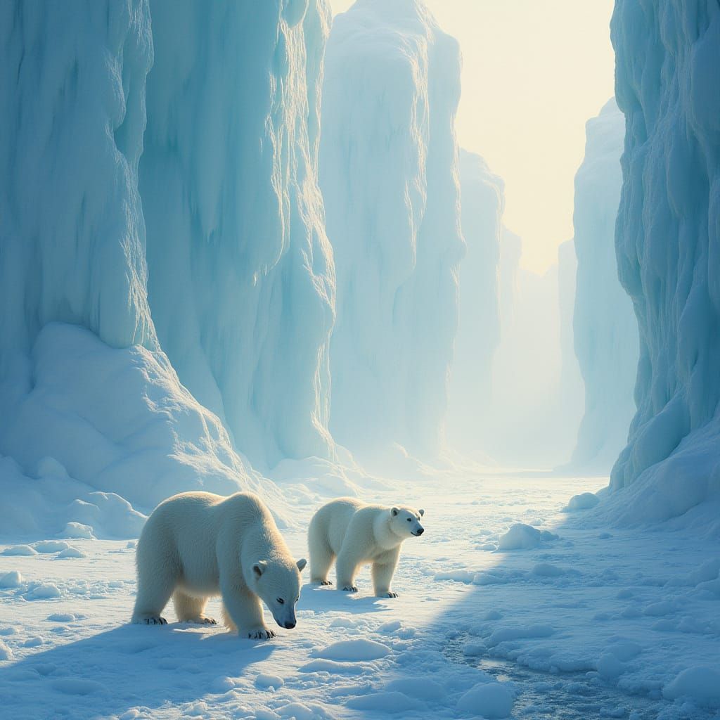 Polar Bears Beneath Arctic Ice Globes in Golden Light